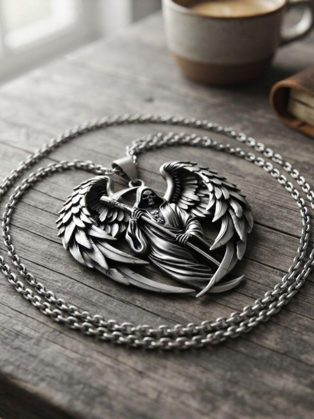 Mens gothic skull wings reaper pendant